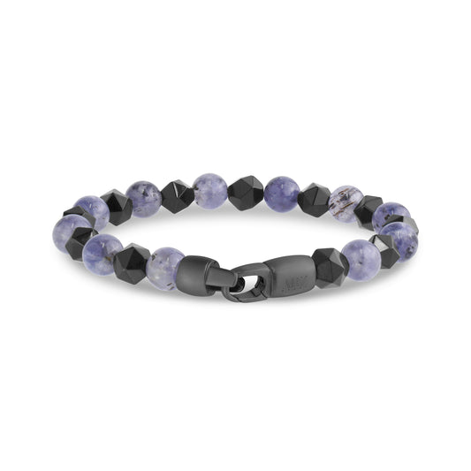 Angled view of iolite and black faceted bead bracelet showcasing stainless steel gunmetal clasp