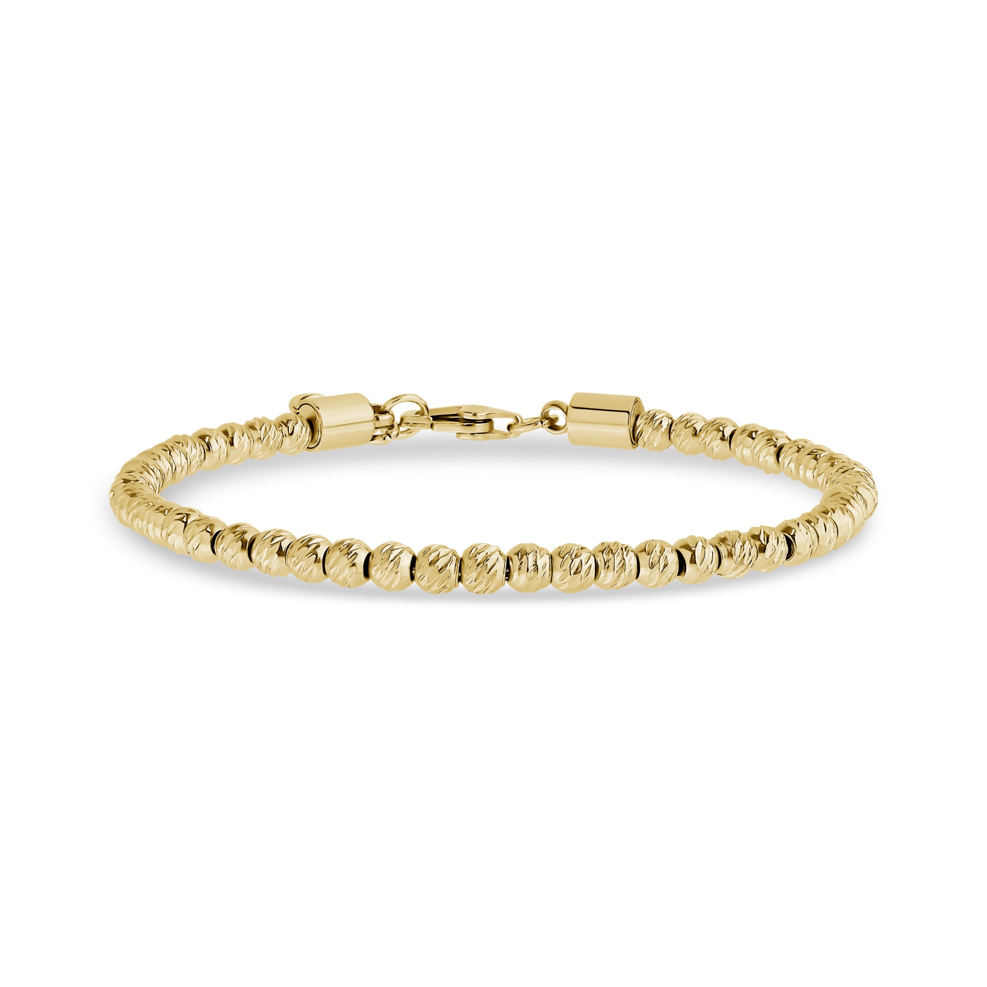 Gold stainless steel diamond cut round bead bracelet with 7.5 inch length and 1 inch extension