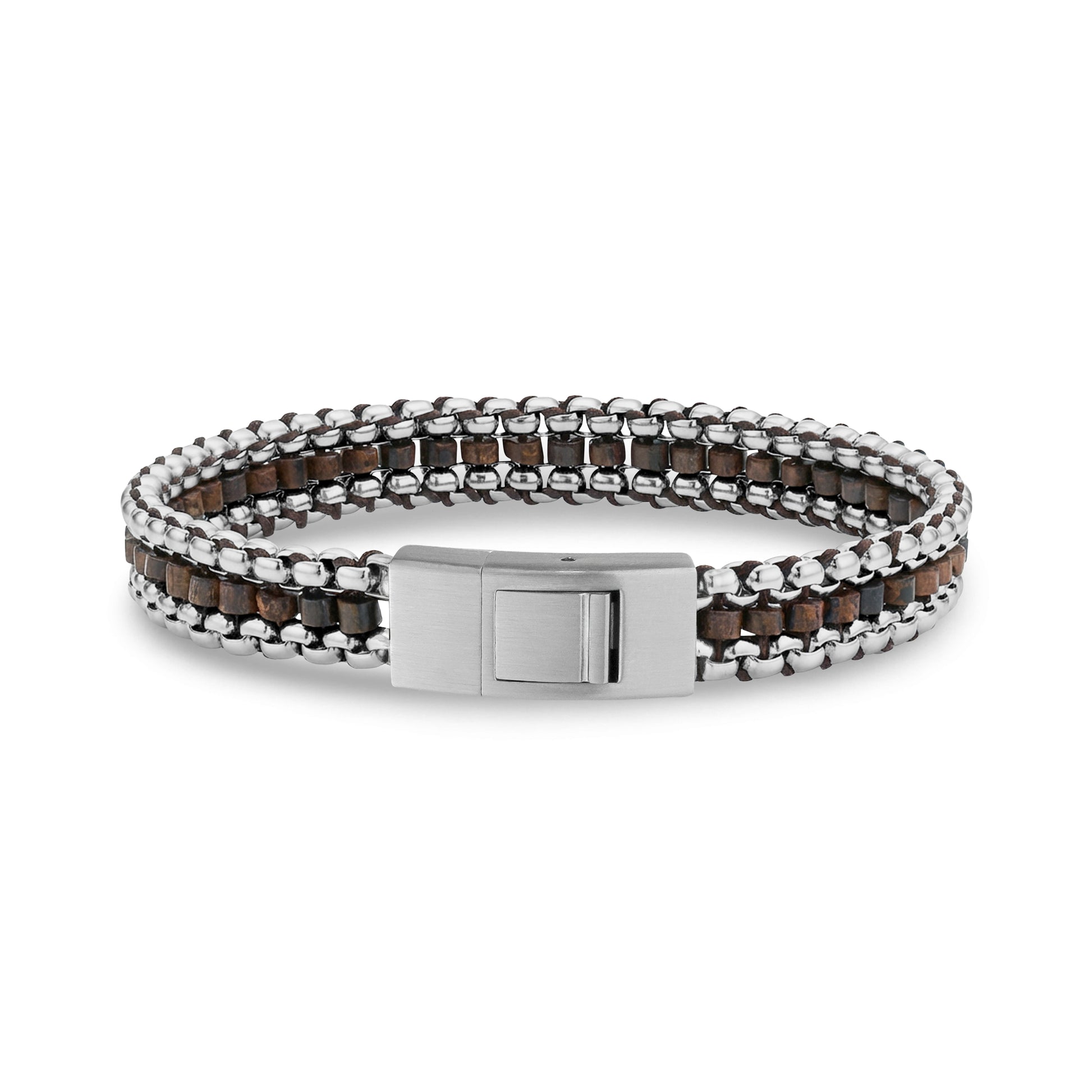 Back view of brown beaded bracelet showing matte steel clasp with engraving option