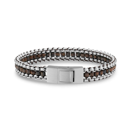 Back view of brown beaded bracelet showing matte steel clasp with engraving option