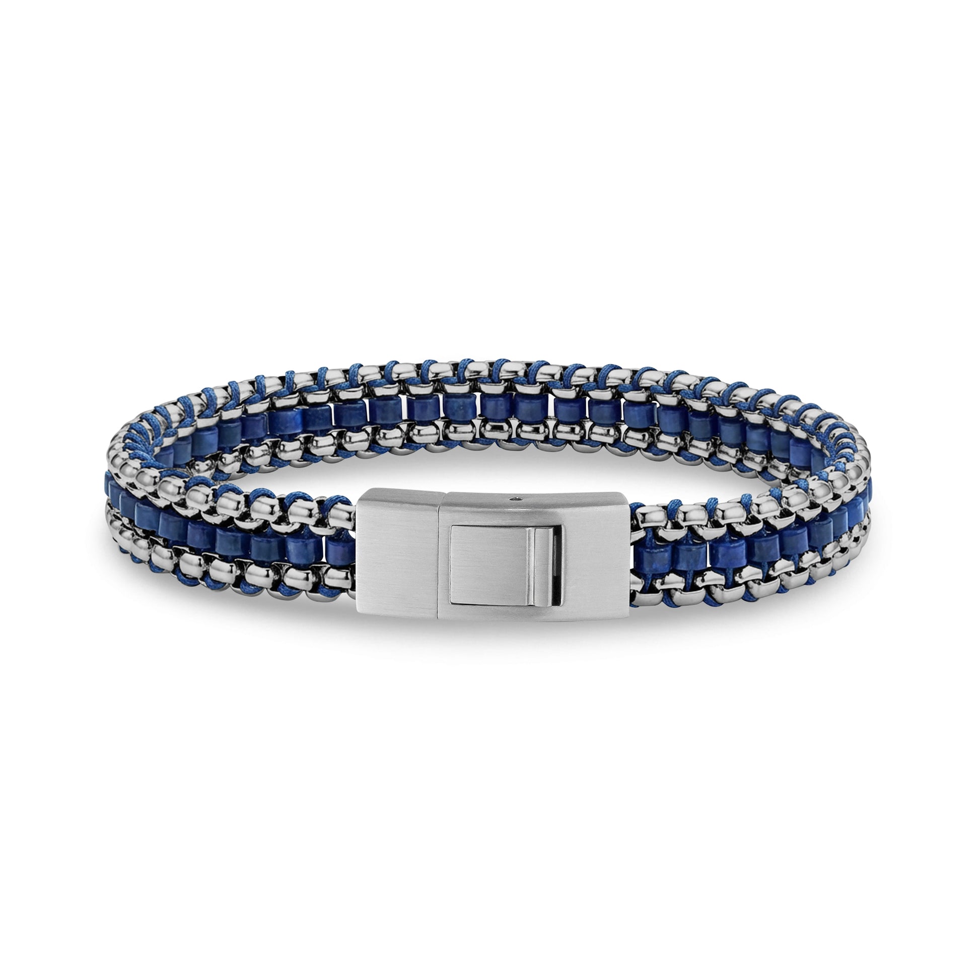 Back view of lapis lazuli bracelet showing matte steel clasp with engraving option