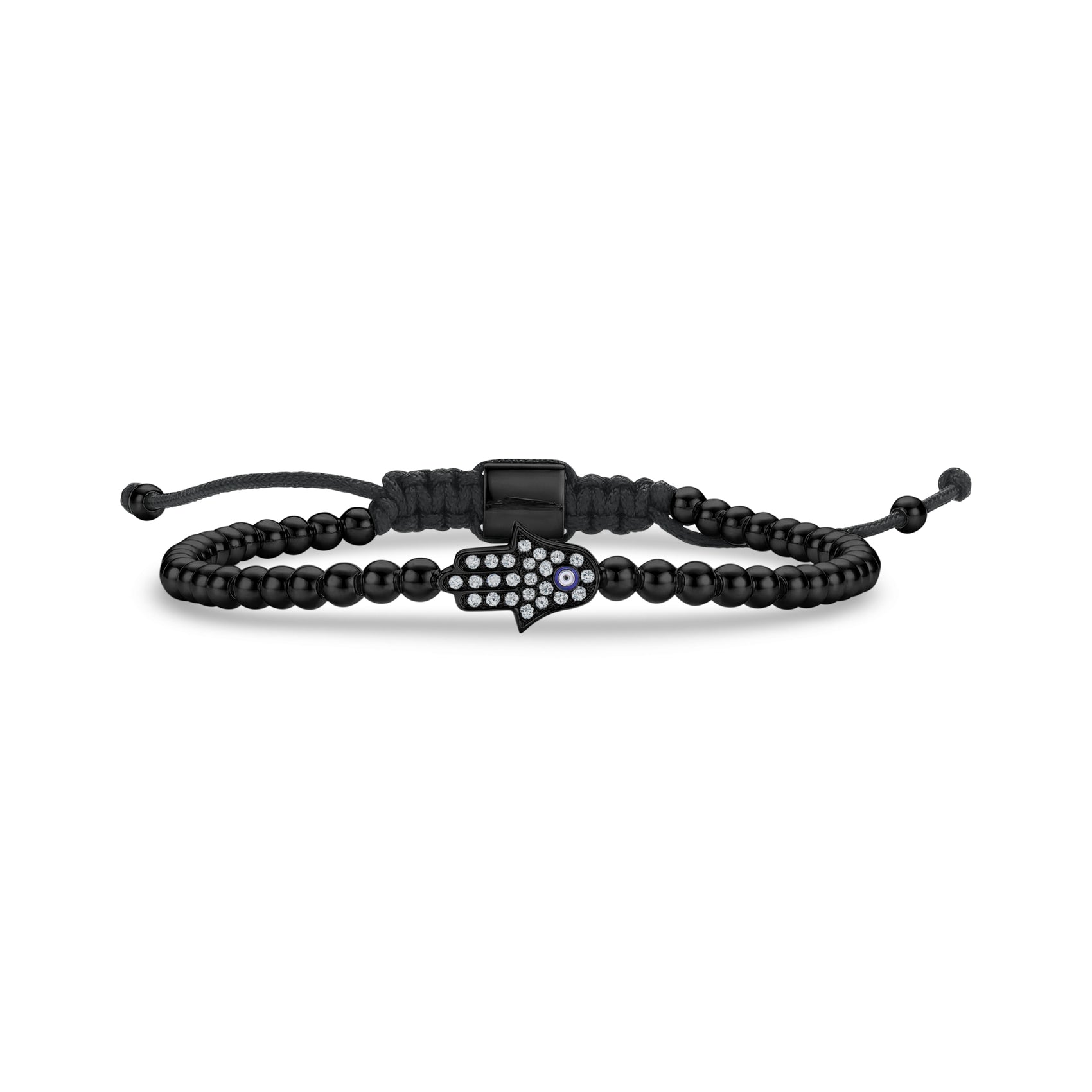 Black stainless steel Hamsa hand bracelet with cubic zirconia stones and black adjustable cord