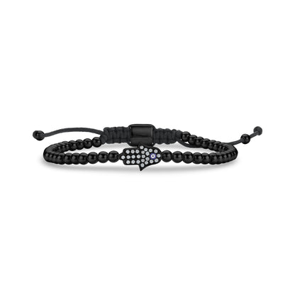 Black stainless steel Hamsa hand bracelet with cubic zirconia stones and black adjustable cord