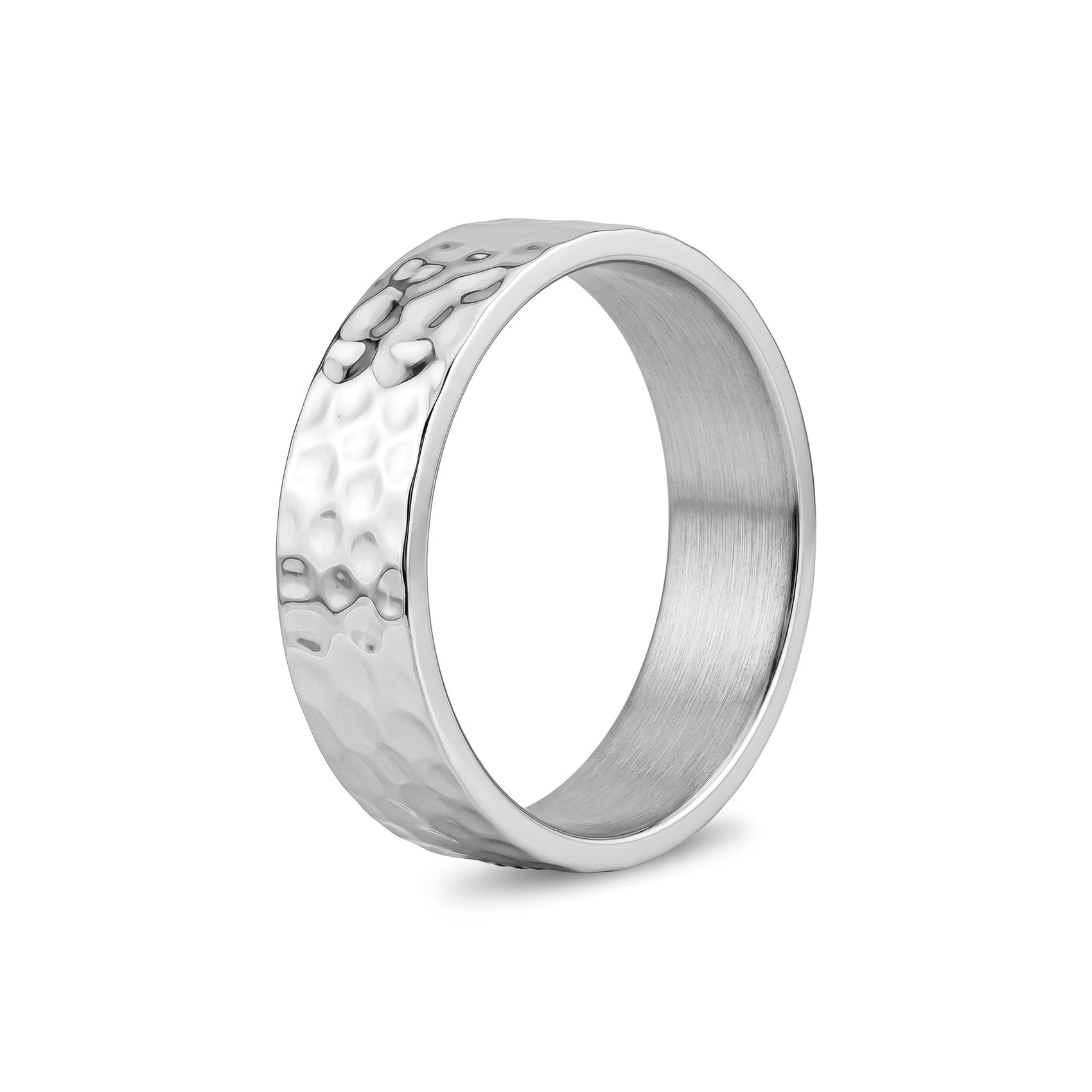 Silver 6mm hammered texture comfort fit wedding band angled view