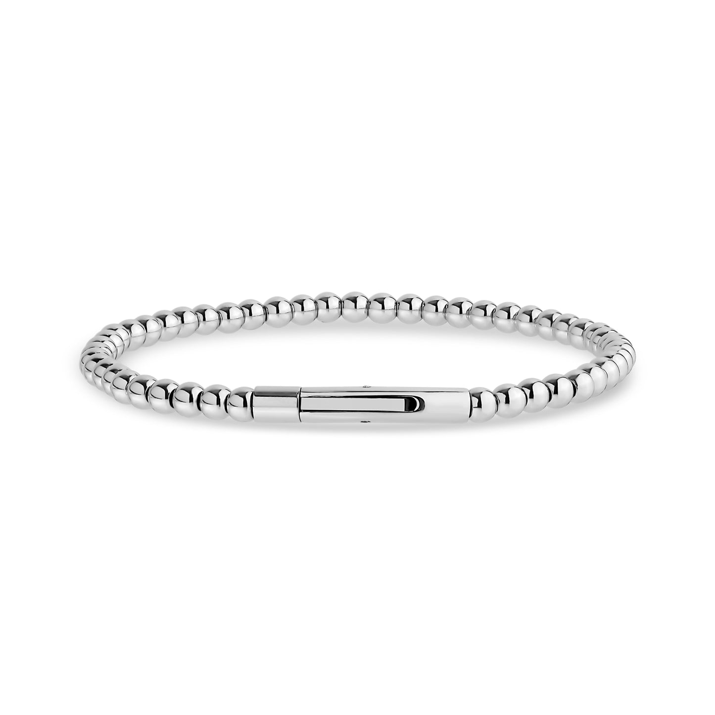 Close-up of silver-tone stainless steel beaded bracelet showing engraved clasp detail