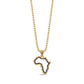 Gold stainless steel Africa map pendant necklace with black cubic zirconia stones on a gold round box chain.