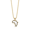 Gold stainless steel Africa map pendant necklace with black cubic zirconia stones on a gold round box chain.