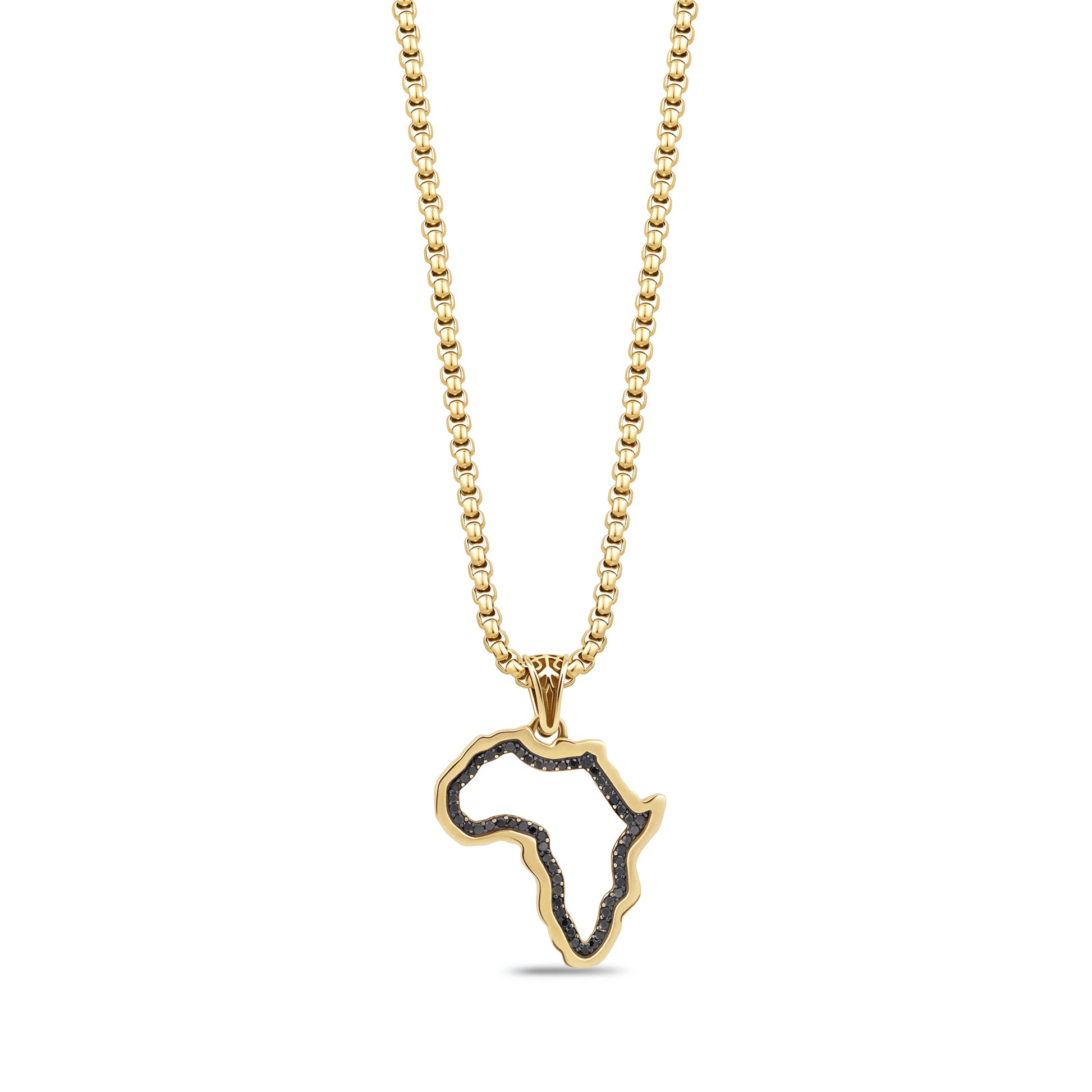 Gold stainless steel Africa map pendant necklace with black cubic zirconia stones on a gold round box chain.