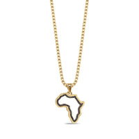 Gold stainless steel Africa map pendant necklace with black cubic zirconia stones on a gold round box chain.