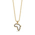 Gold stainless steel Africa map pendant necklace with black cubic zirconia stones on a gold round box chain.