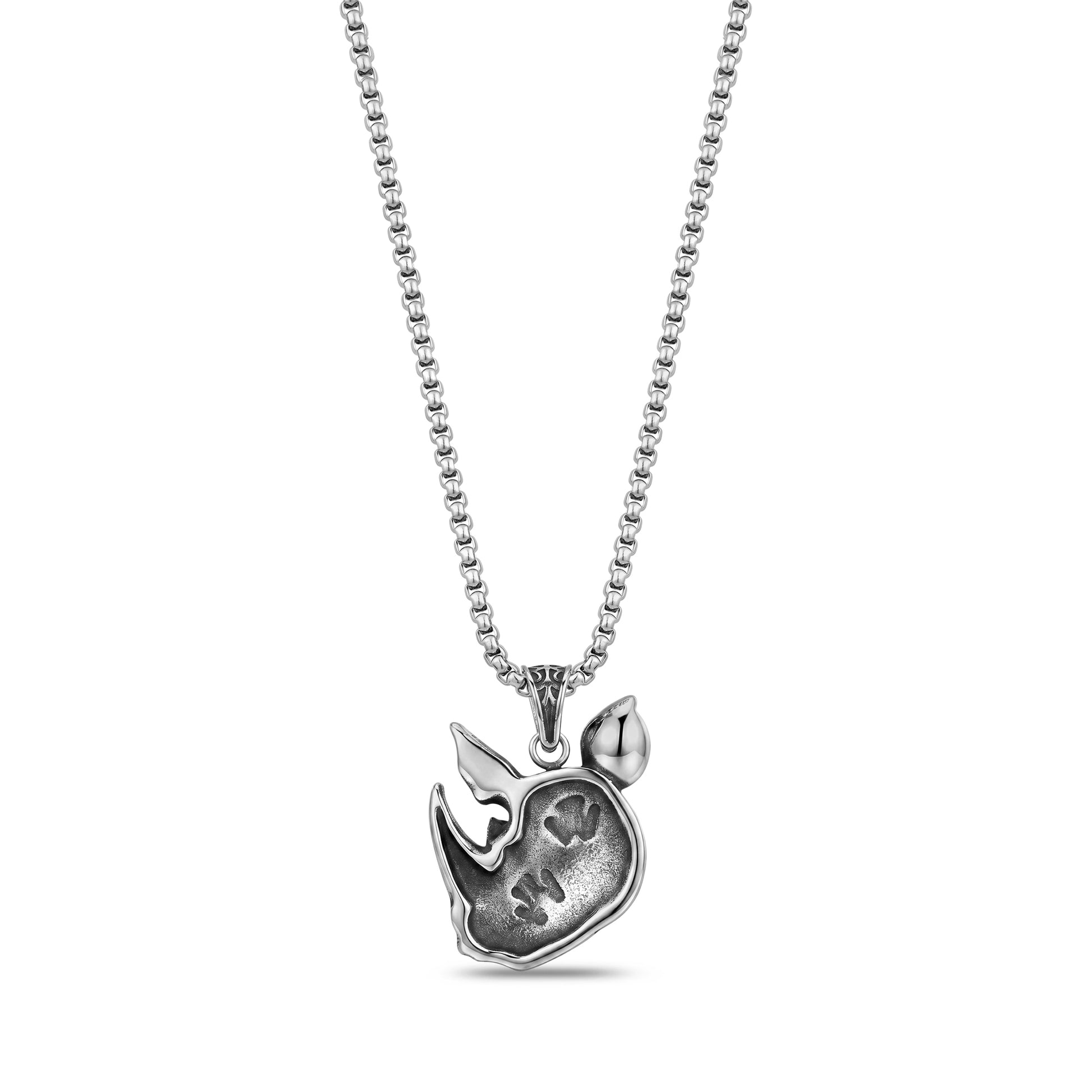 Back view of rhino head pendant showing textured detailing and 22-inch stainless steel chain