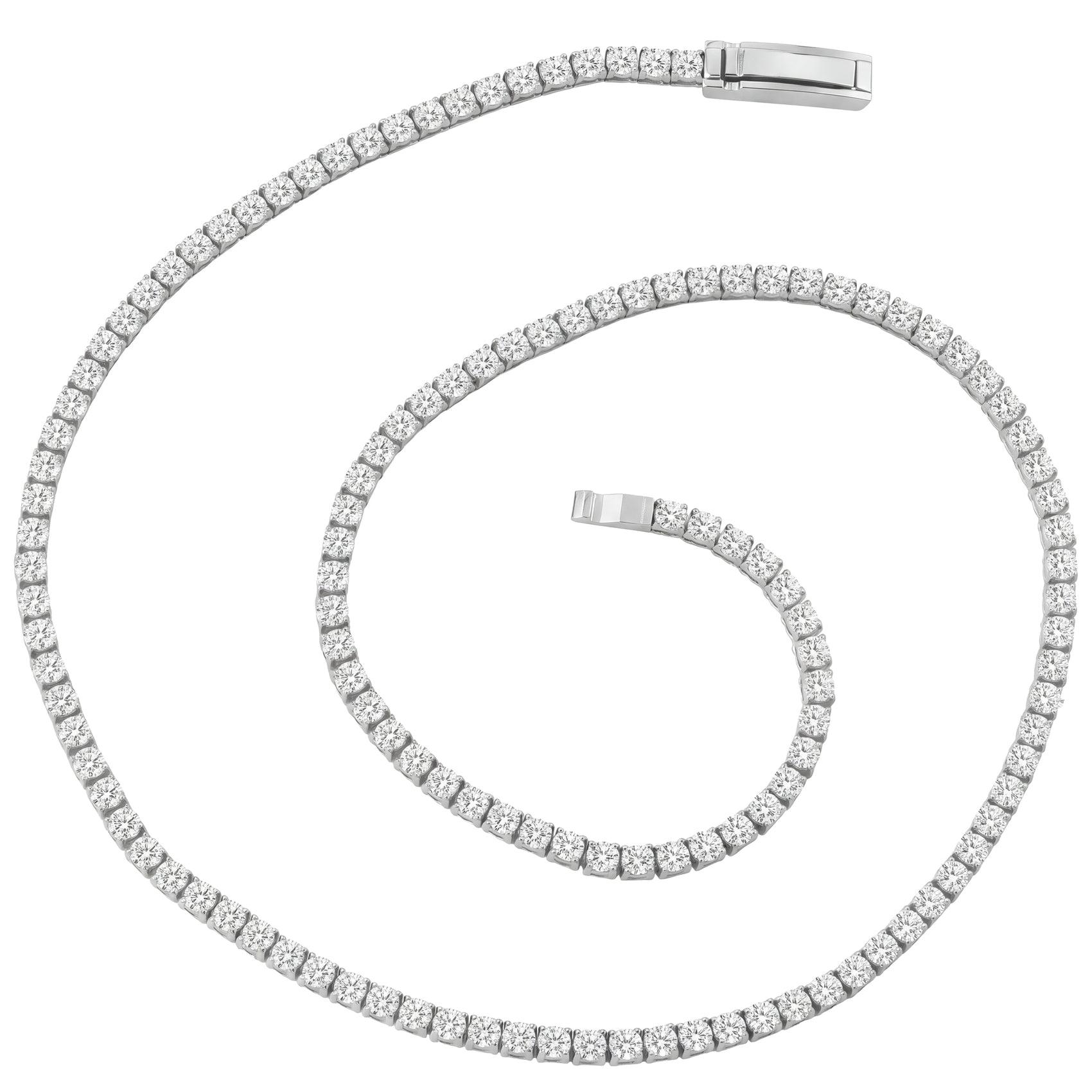 Stainless steel tennis necklace with secure clasp shown extended in a spiral