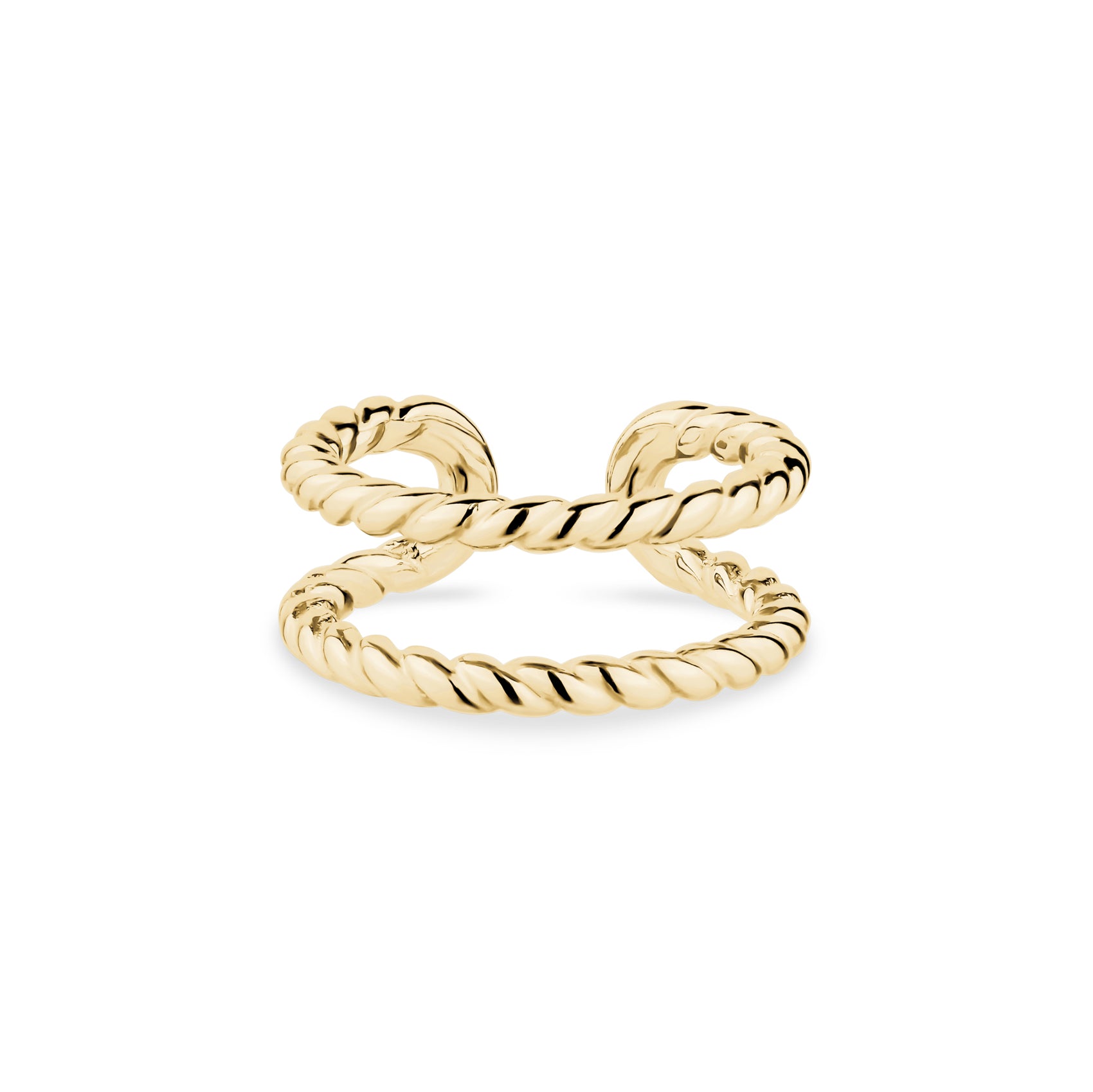 Gold twisted cable ear cuff front view with polished finish