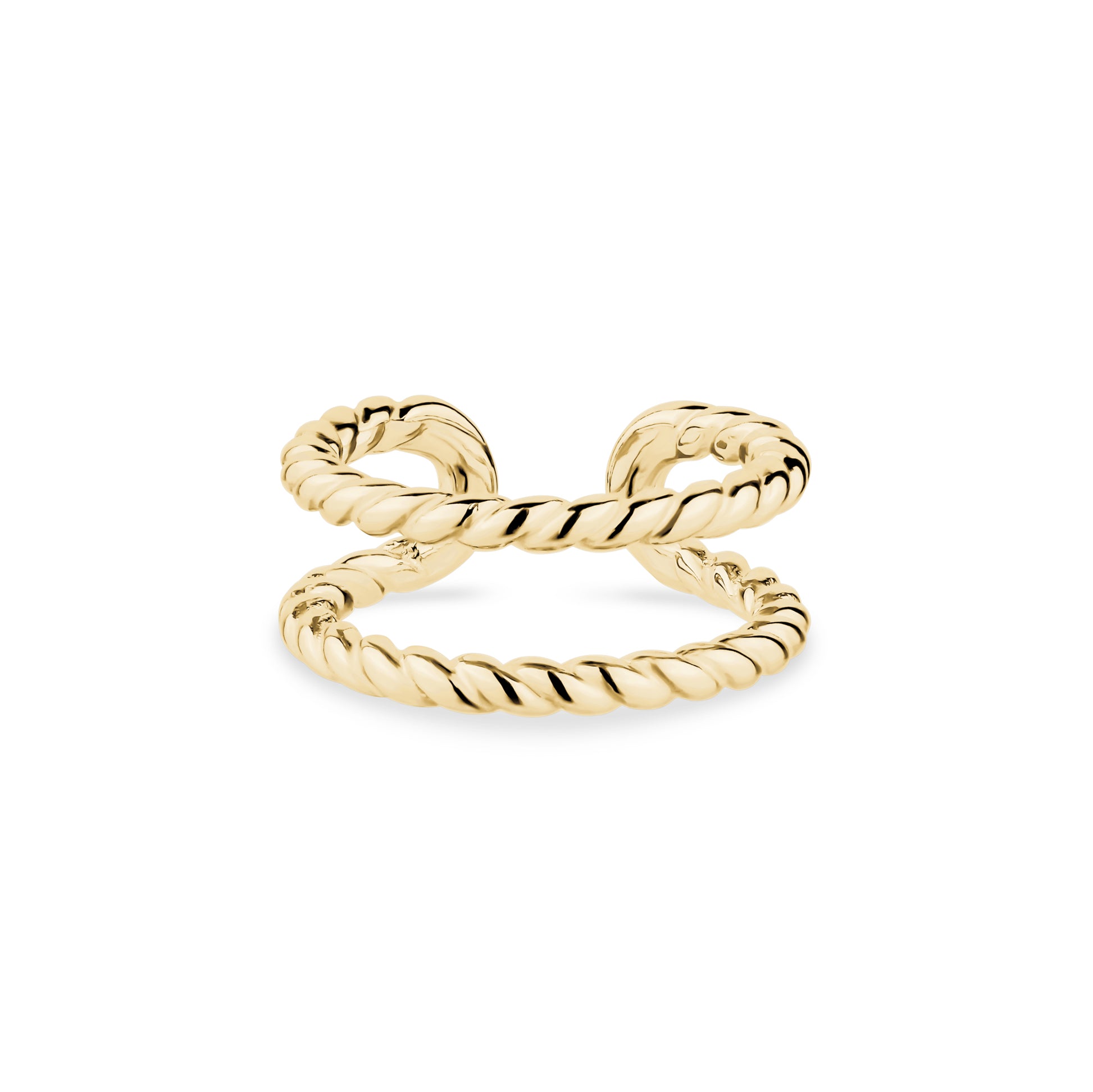 Gold twisted cable ear cuff front view with polished finish