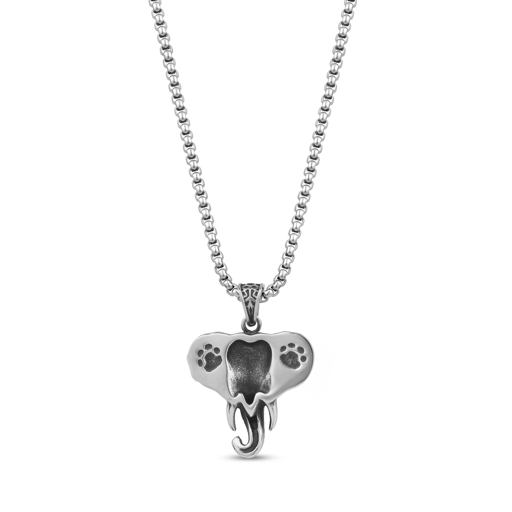 Back view of stainless steel elephant pendant showing paw prints and chain design