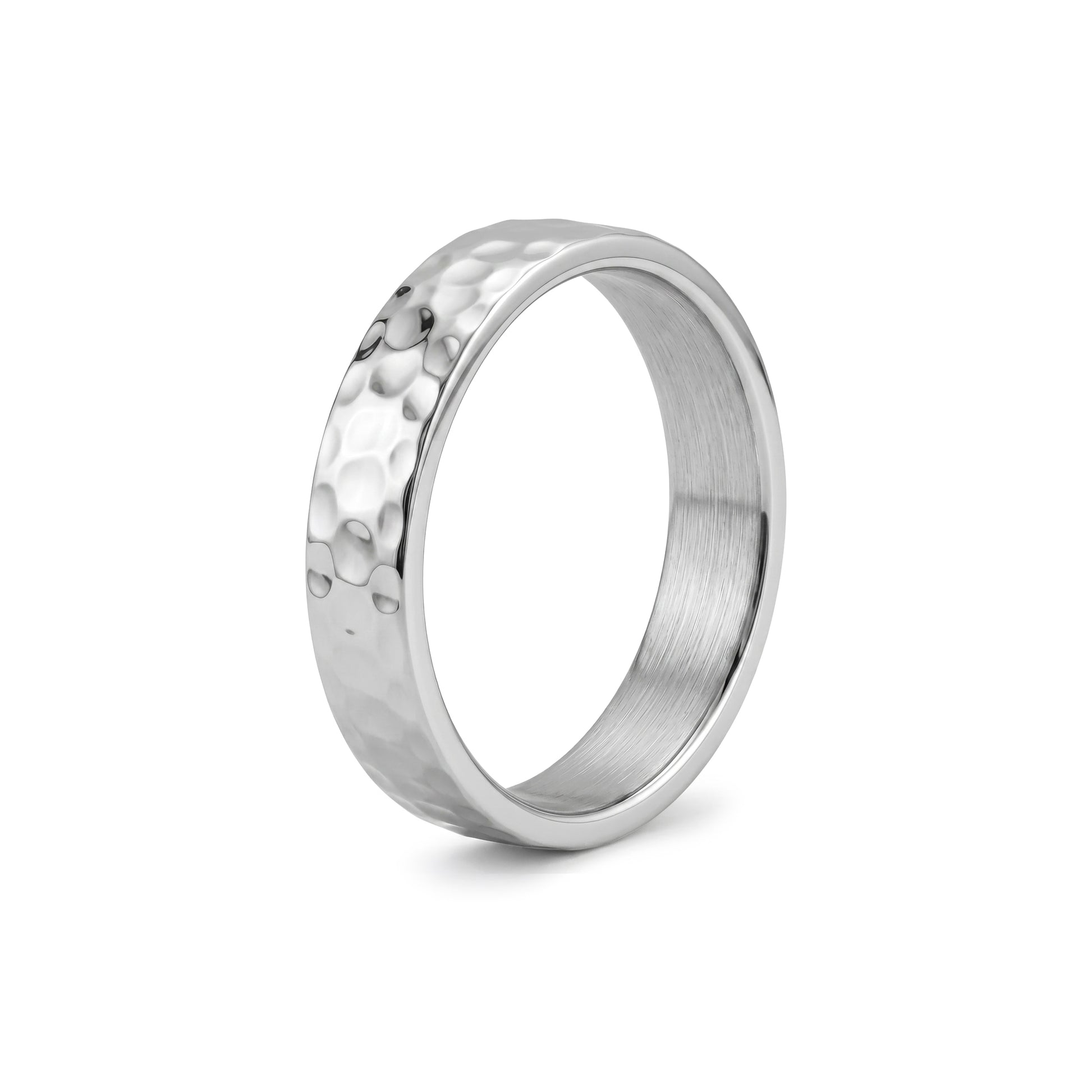 4mm hammered stainless steel wedding band, standing view
