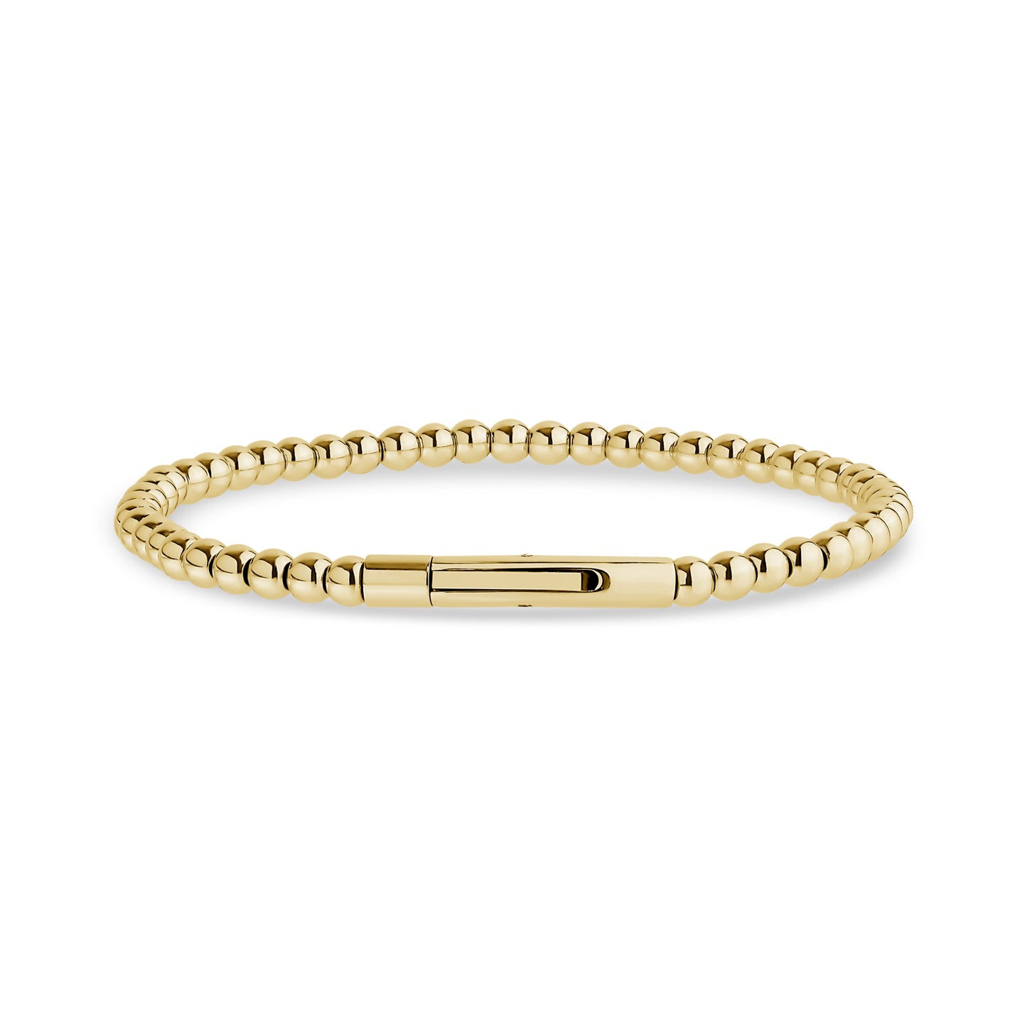 Close-up of gold-tone stainless steel beaded bracelet with clasp detail on white background