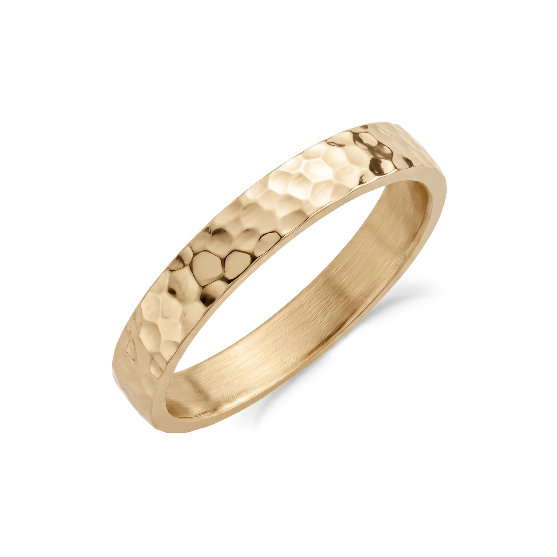 4mm hammered gold-tone wedding band, angled view