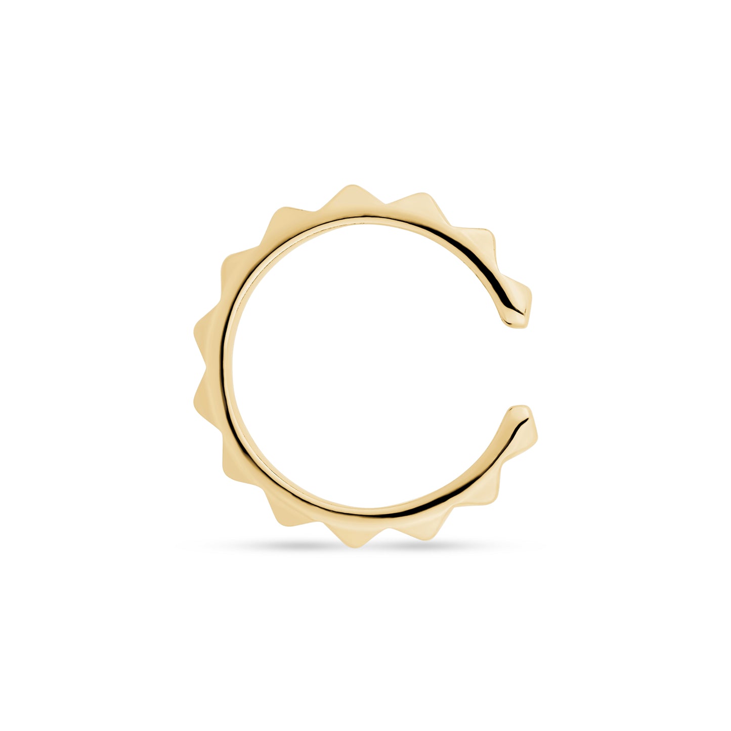 Top view of gold diamond cut stainless steel ear cuff showing textured pattern and open ends