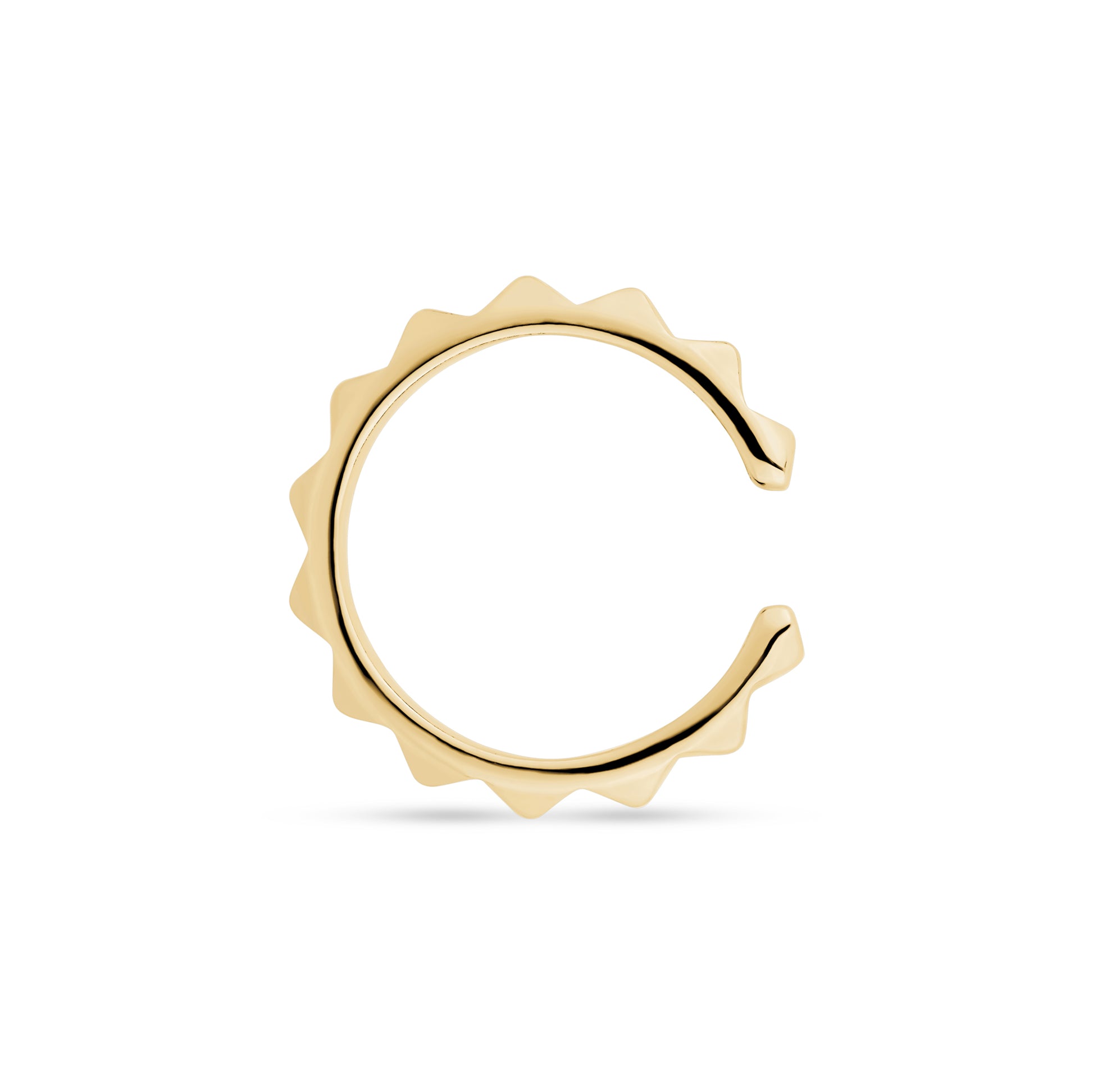 Top view of gold diamond cut stainless steel ear cuff showing textured pattern and open ends