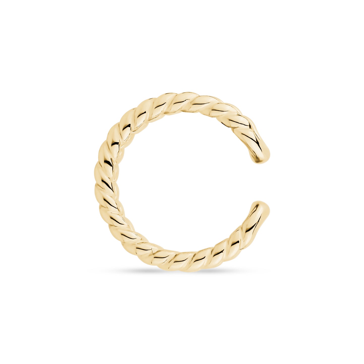 Gold twisted cable ear cuff side view showing open circular shape