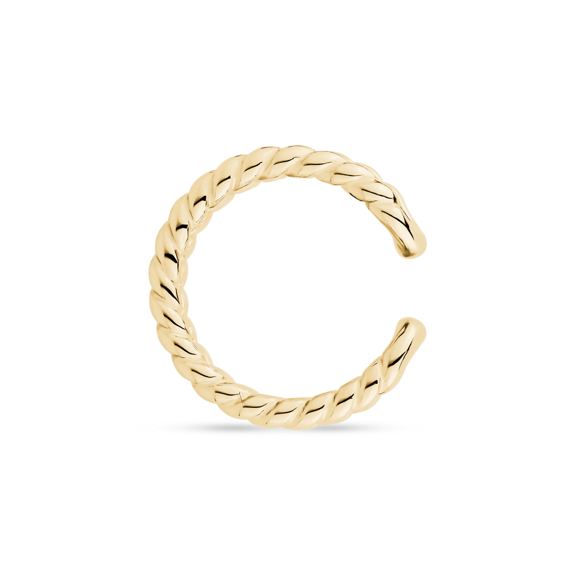 Gold twisted cable ear cuff side view showing open circular shape
