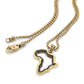 Close-up of gold Africa map pendant and clasp with engraved Africa design on round box chain.