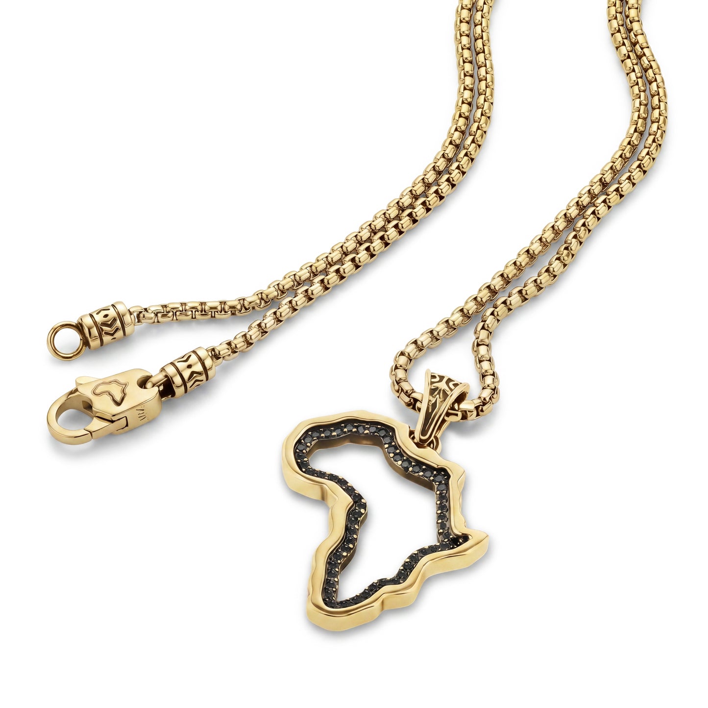 Close-up of gold Africa map pendant and clasp with engraved Africa design on round box chain.