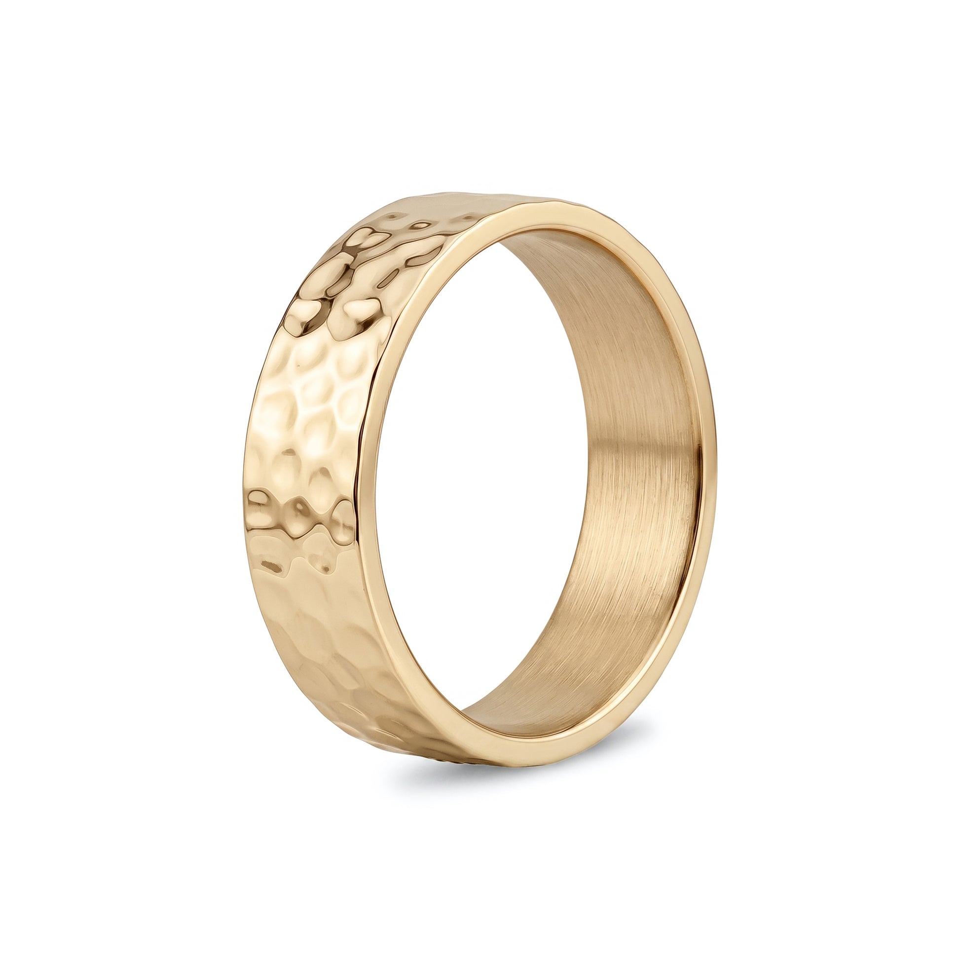 Silver 6mm hammered texture comfort fit wedding band angled view
