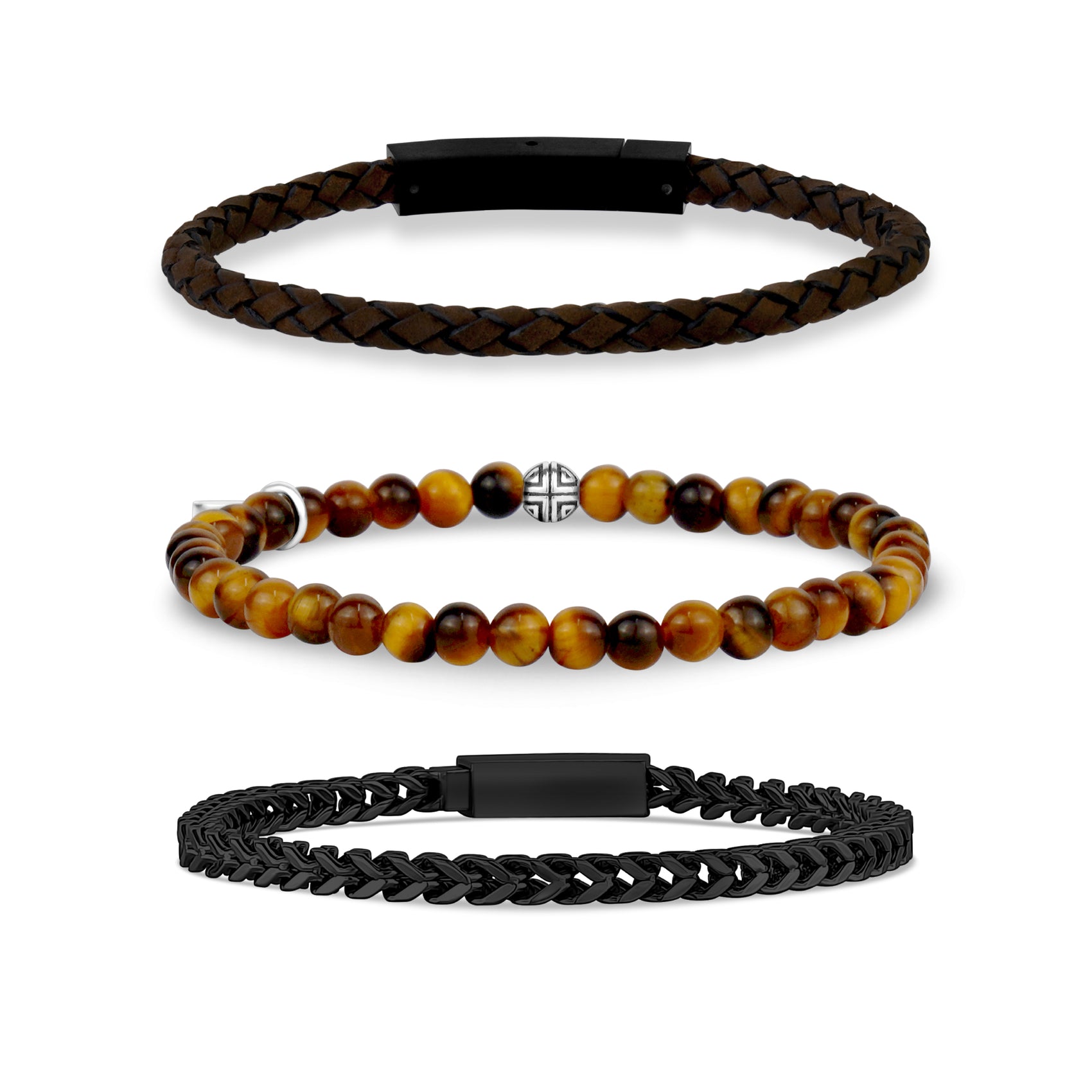 Stylish stack of three men's bracelets combining smooth leather, semi-precious stones, and steel  