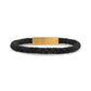 Sophisticated black leather braided bracelet accented with polished black stainless steel clasp  