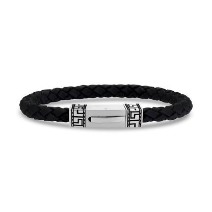 Engravable Black Leather Greek Key Design Bracelet