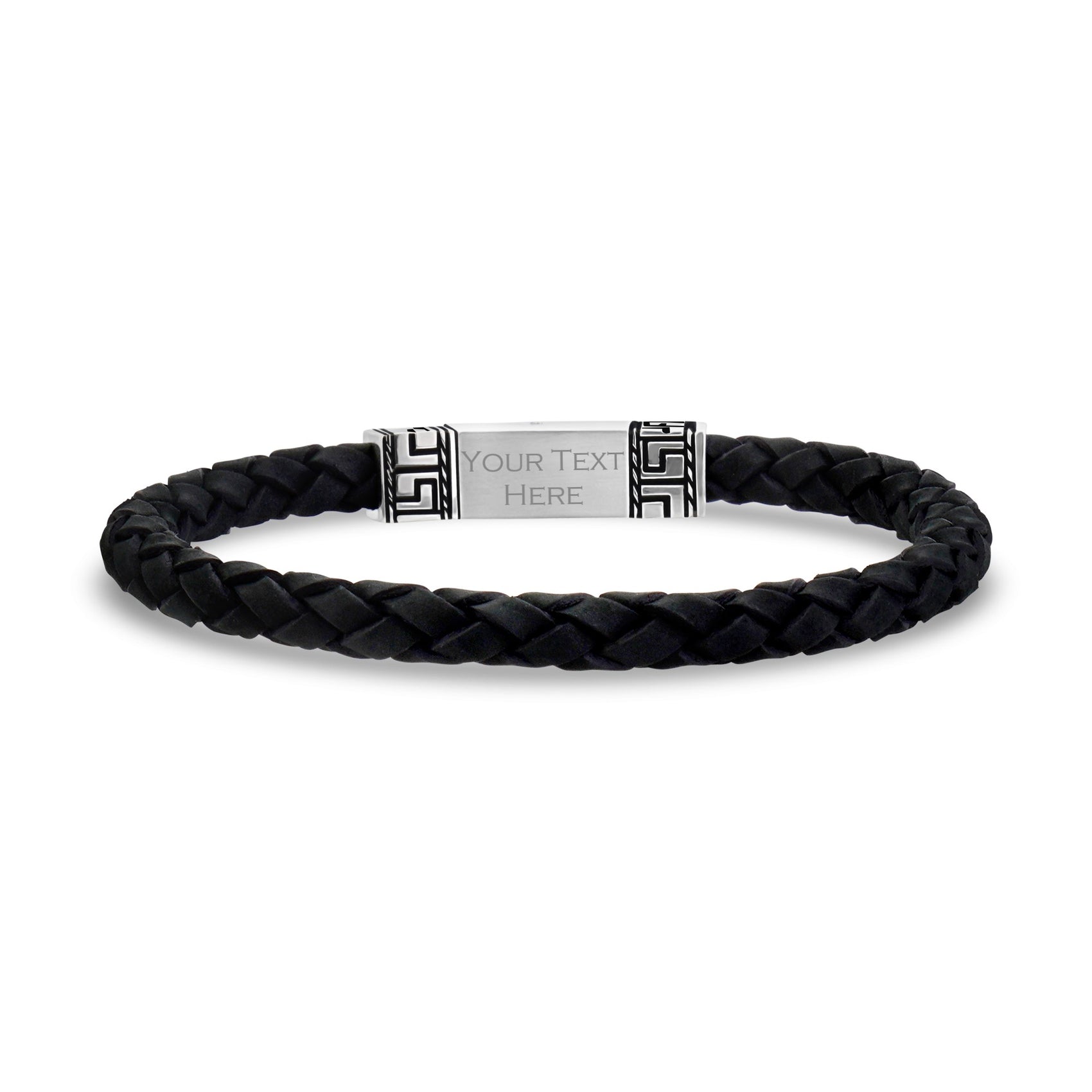 Engravable Black Leather Greek Key Design Bracelet