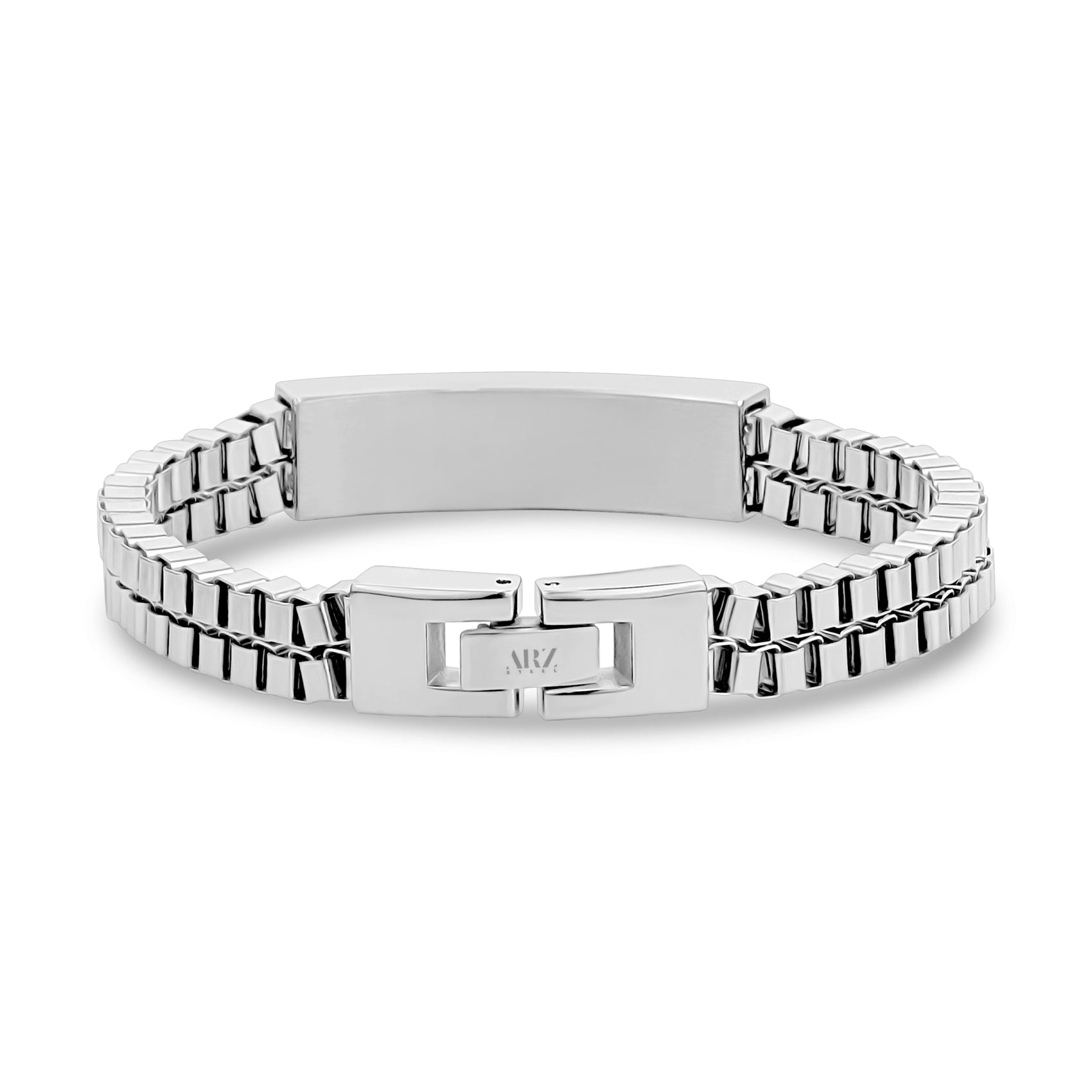 Double Row Box Link ID Bracelet - Mens Steel Bracelets - Silver