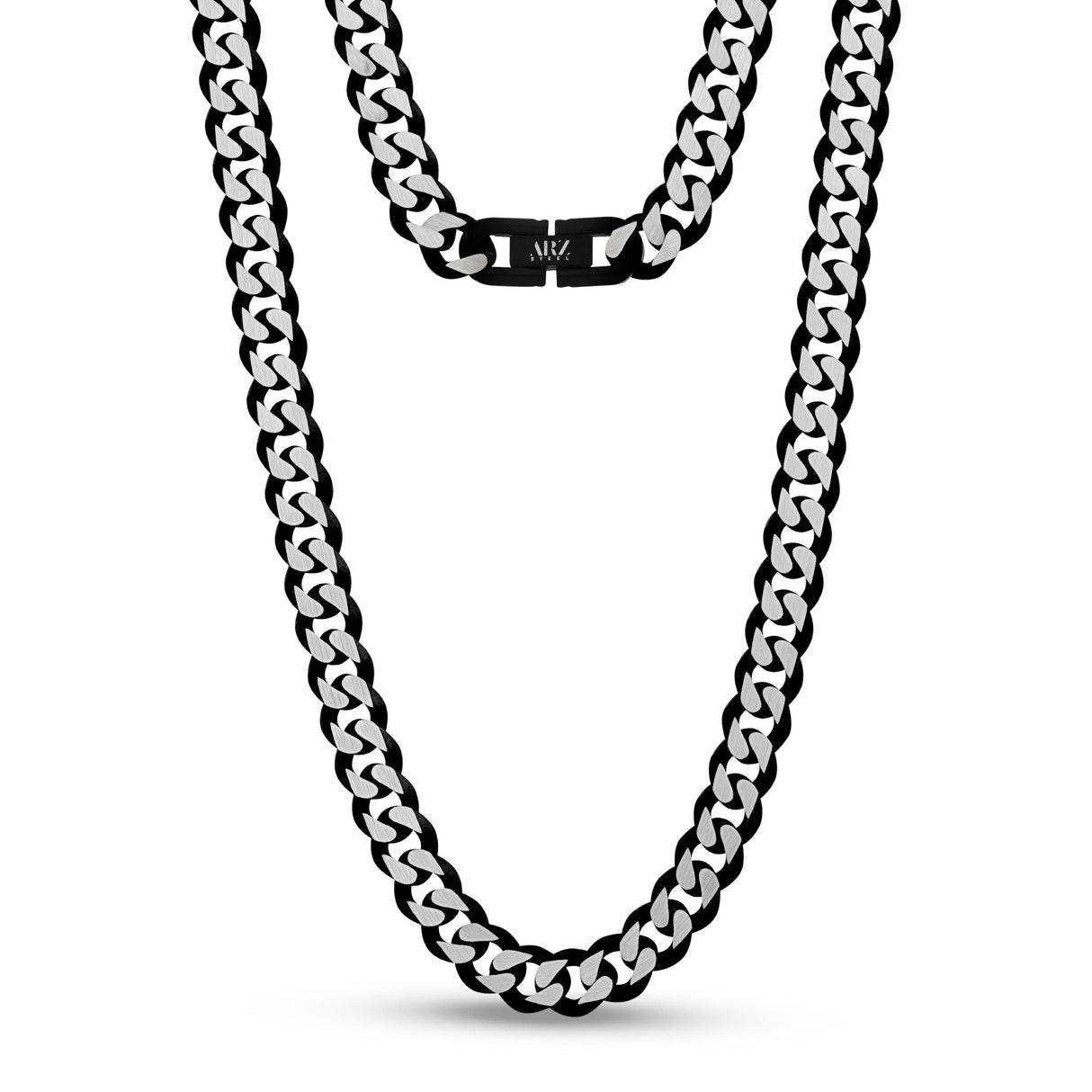 8mm Matte Black and Silver Steel Two Tone Cuban Link Chain