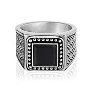 Black onyx stainless steel detailed signet ring.