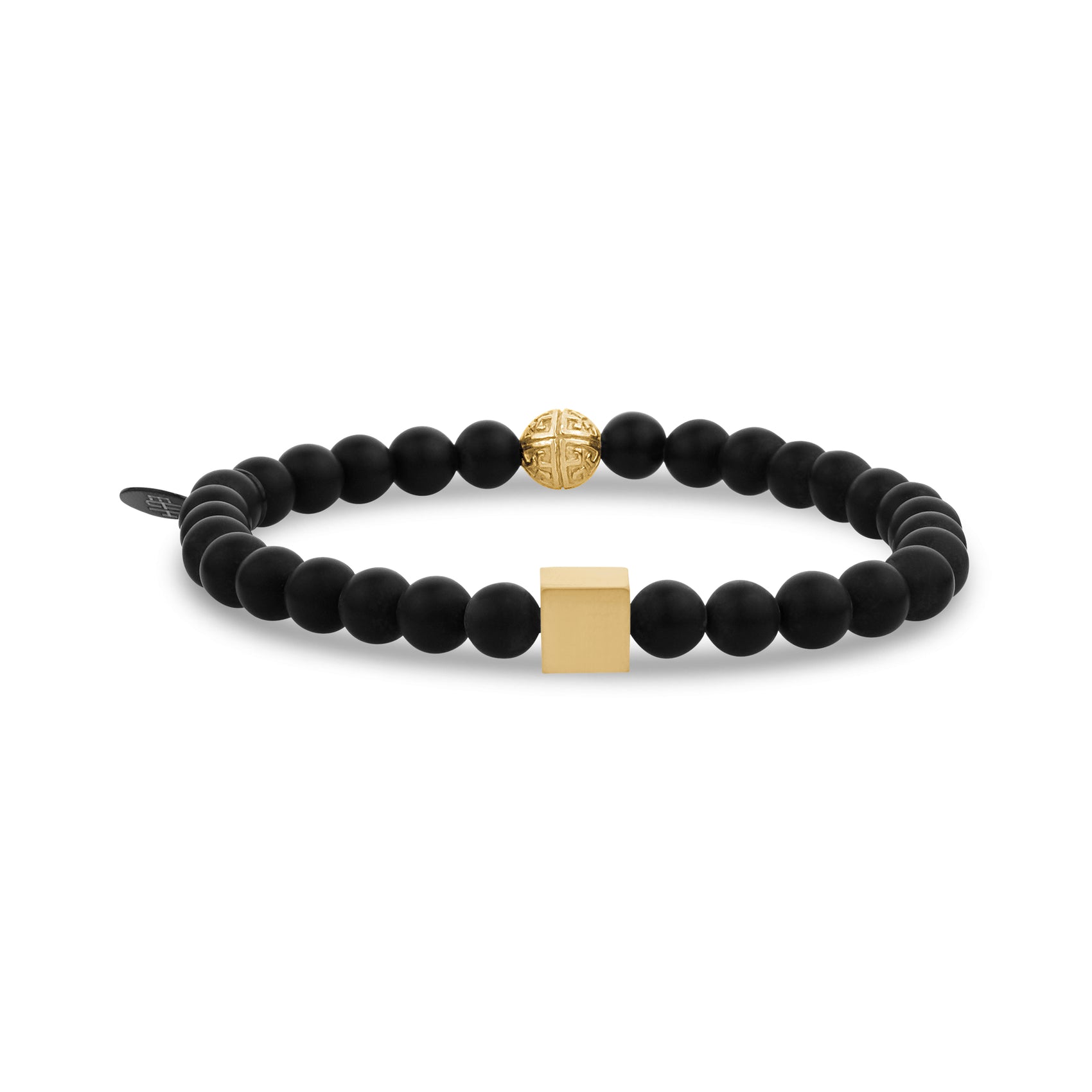 Personalized 6mm Black Matte Onyx Gold Square Cube Bead Engravable Bracelet