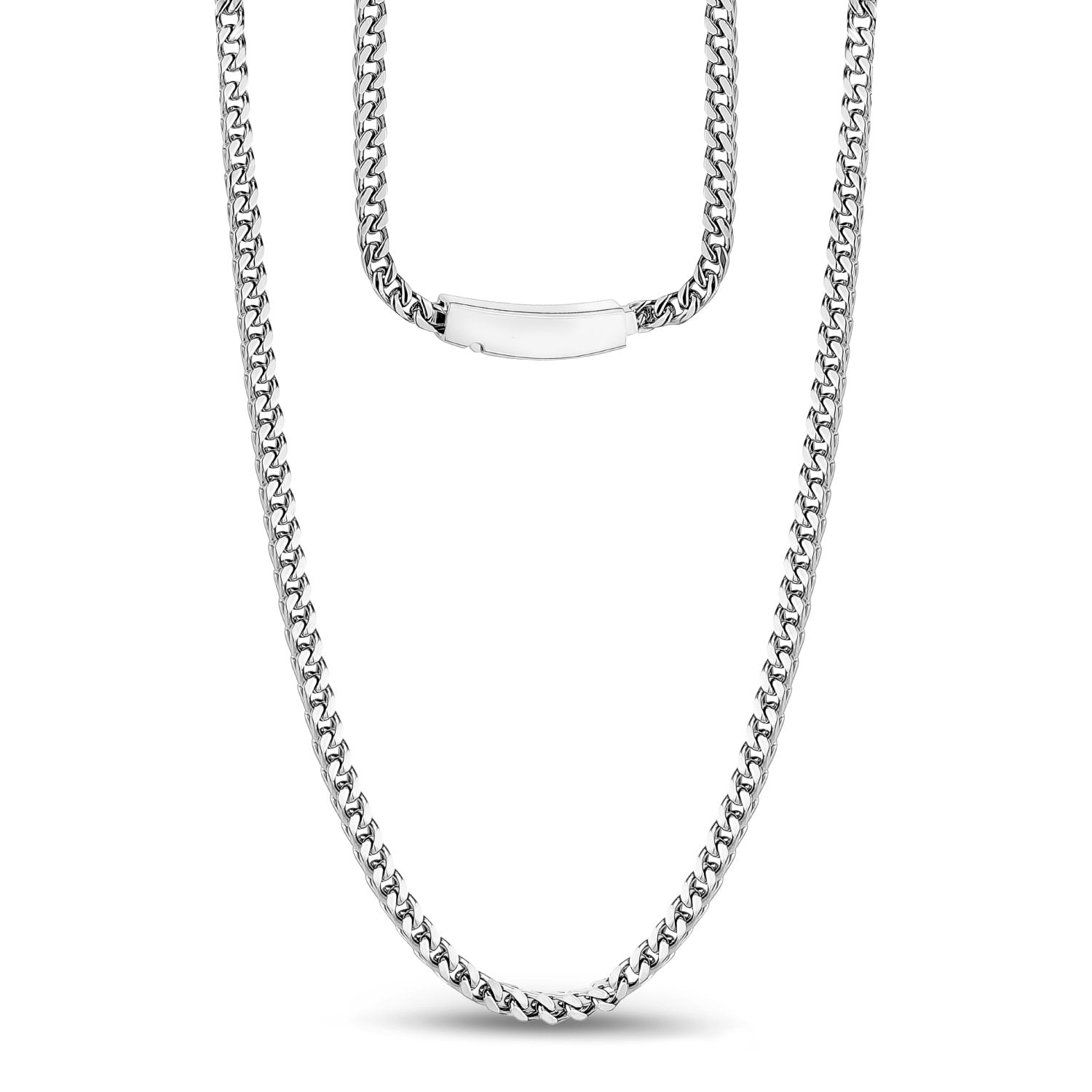 Close-up of 3mm thin stainless steel Franco link chain for men with polished finish  