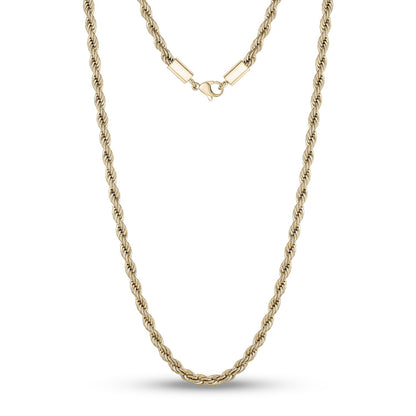 Men Necklace - 4mm Gold Twist Rope Steel Chain Necklace