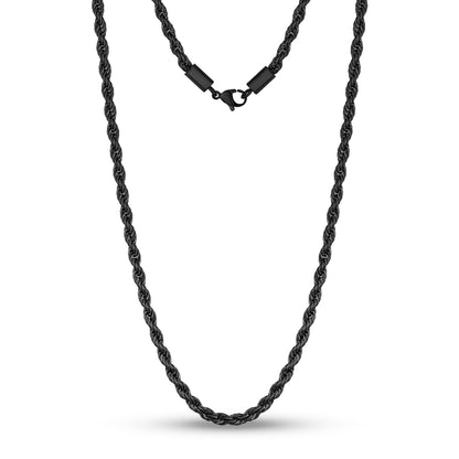 Men Necklace - 4mm Black Twist Rope Steel Chain Necklace