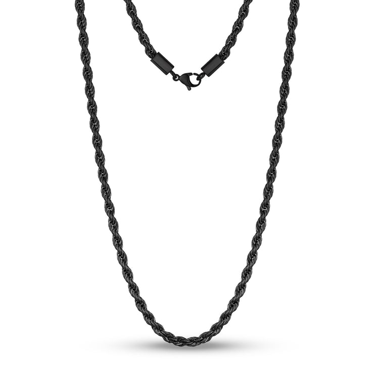 Men Necklace - 4mm Black Twist Rope Steel Chain Necklace