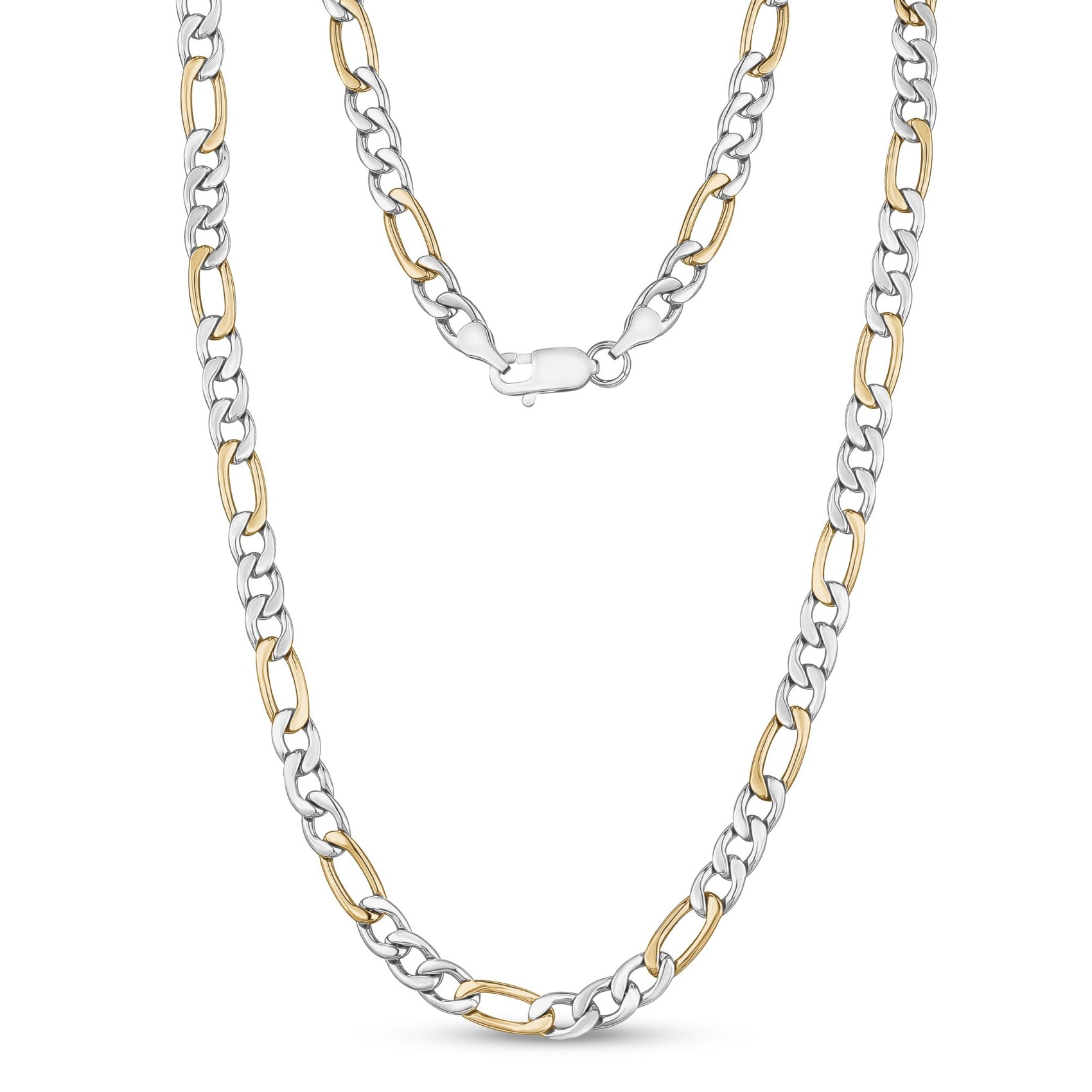 Unisex stainless steel Figaro necklace worn on a mannequin bust, showcasing classic design  