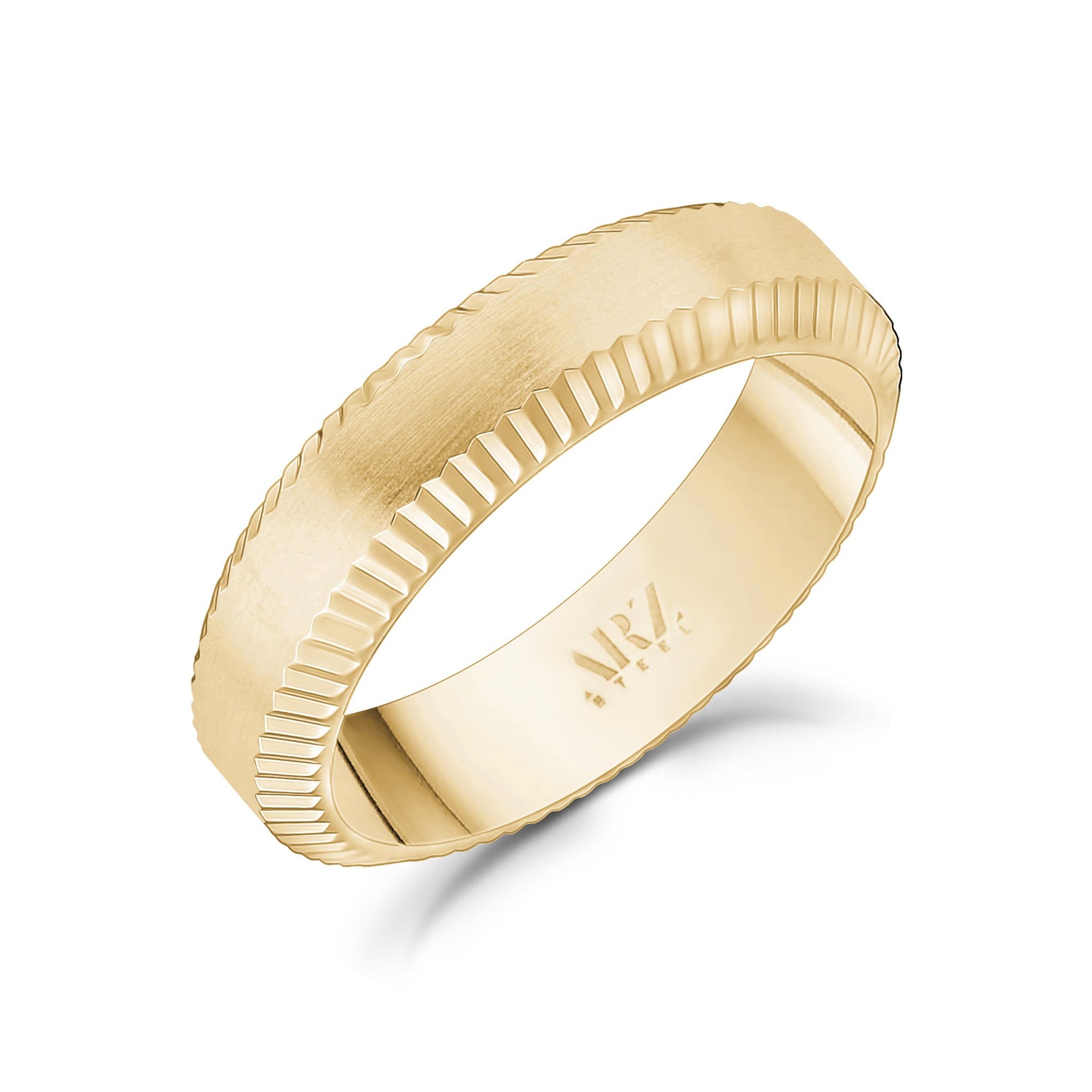 Men Ring - 6mm Beveled Edge Flat Gold Steel Engravable Band Ring