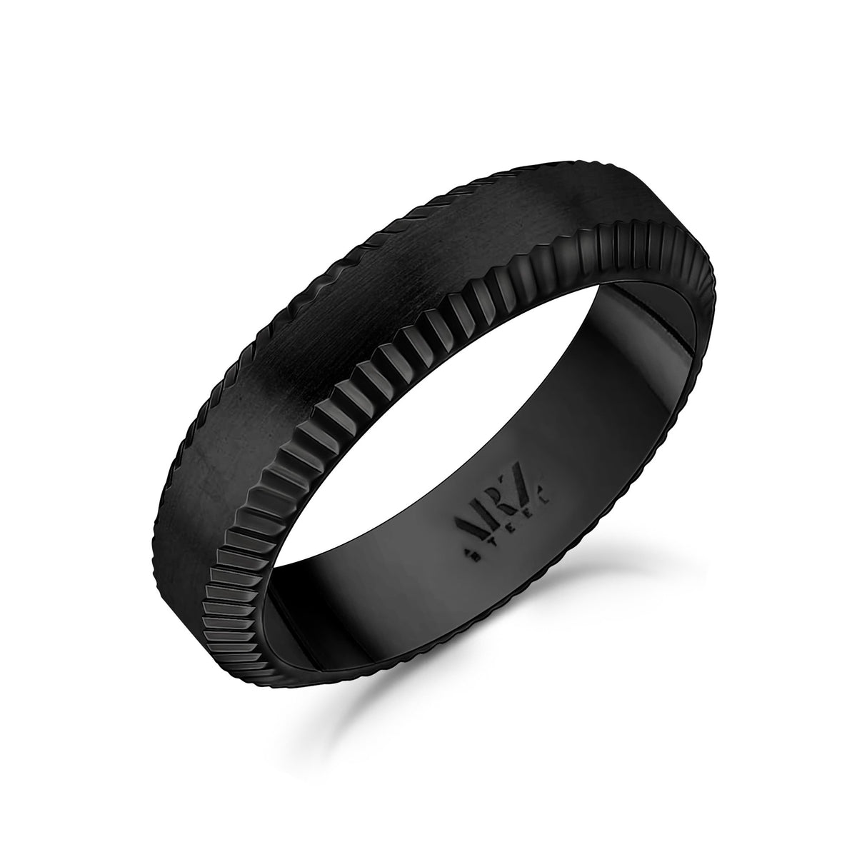 Men Ring - 6mm Beveled Edge Flat Black Steel Engravable Band Ring
