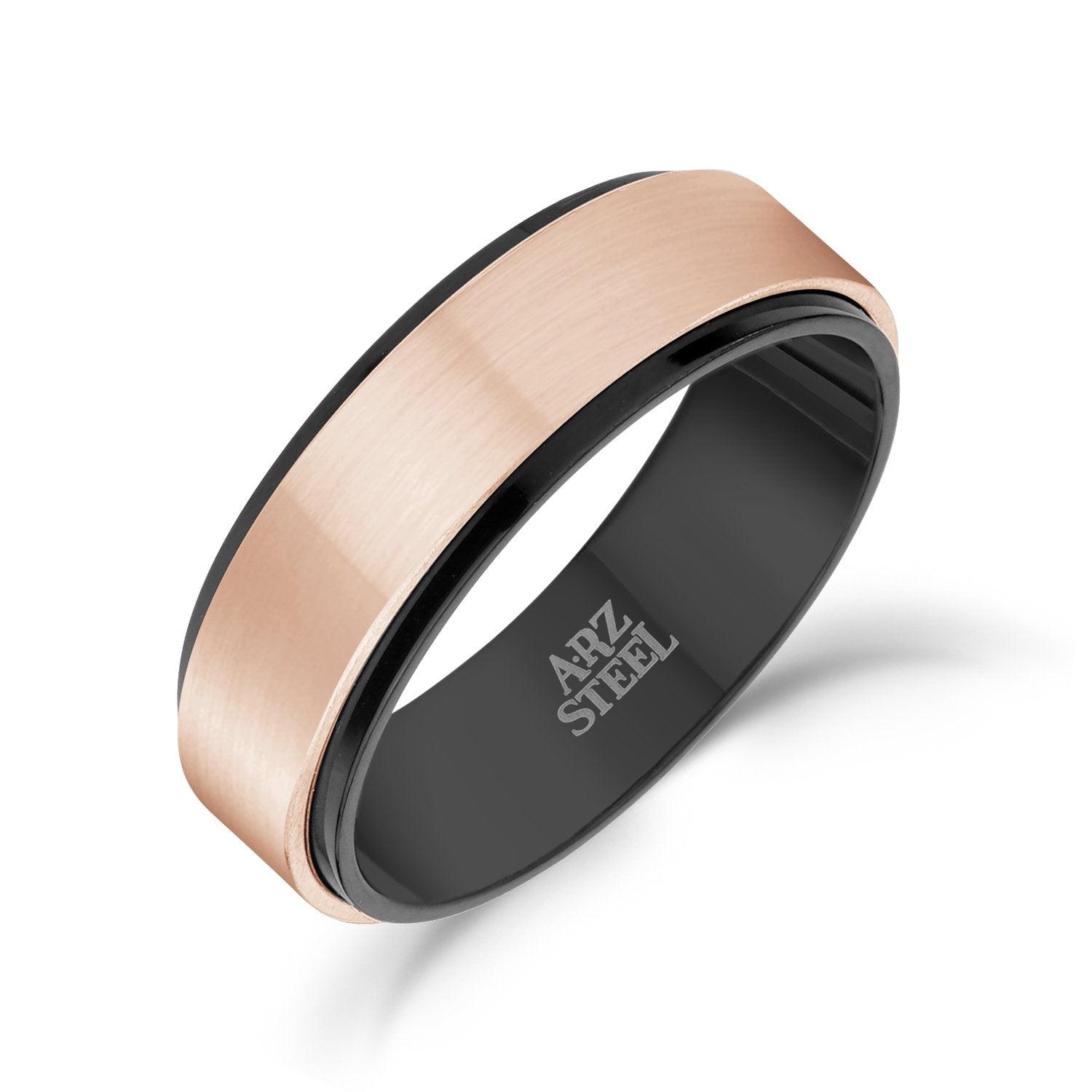 Men Ring - 7mm Black & Rose Gold Steel Wedding Band Ring - Engravable