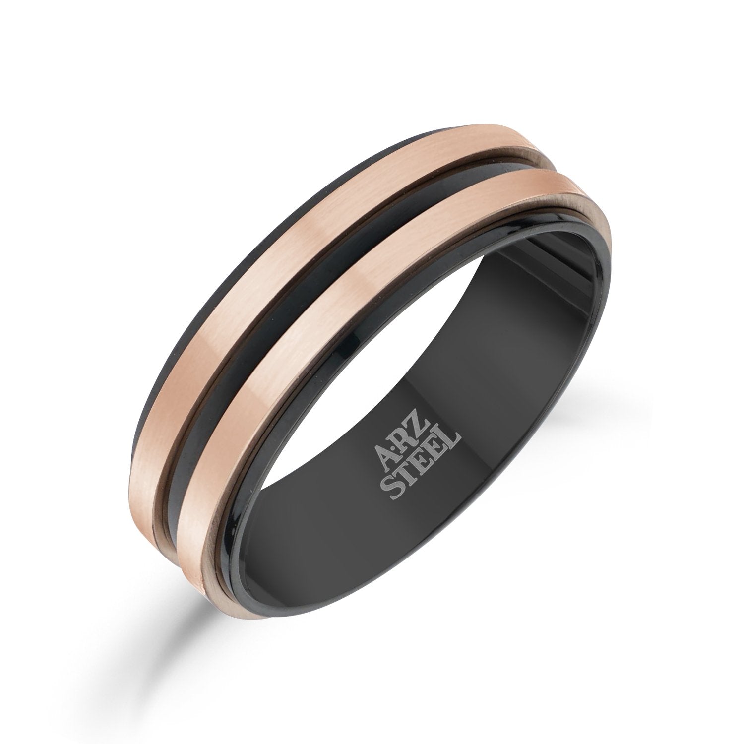 Men Ring - 7mm Rose Gold & Black Steel Wedding Band Ring - Engravable