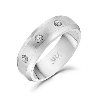 Men Ring - 7mm Three Stones Beveled Edge Engravable Steel Band Ring