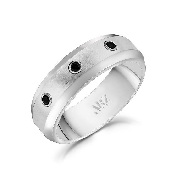 Men Ring - 7mm Three Stones Beveled Edge Engravable Steel Band Ring