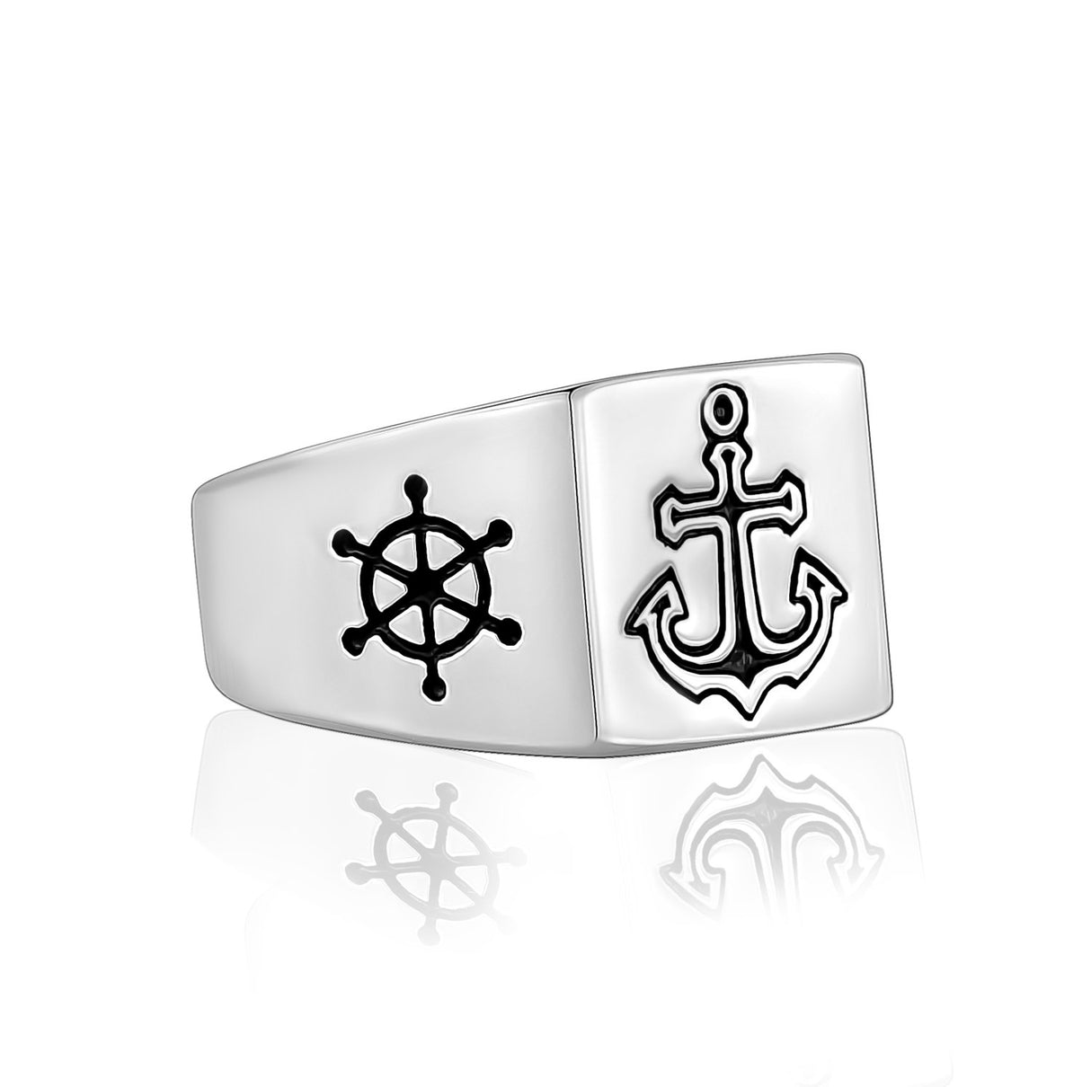 Men Ring - Ship Wheel Anchor Steel Signet Ring