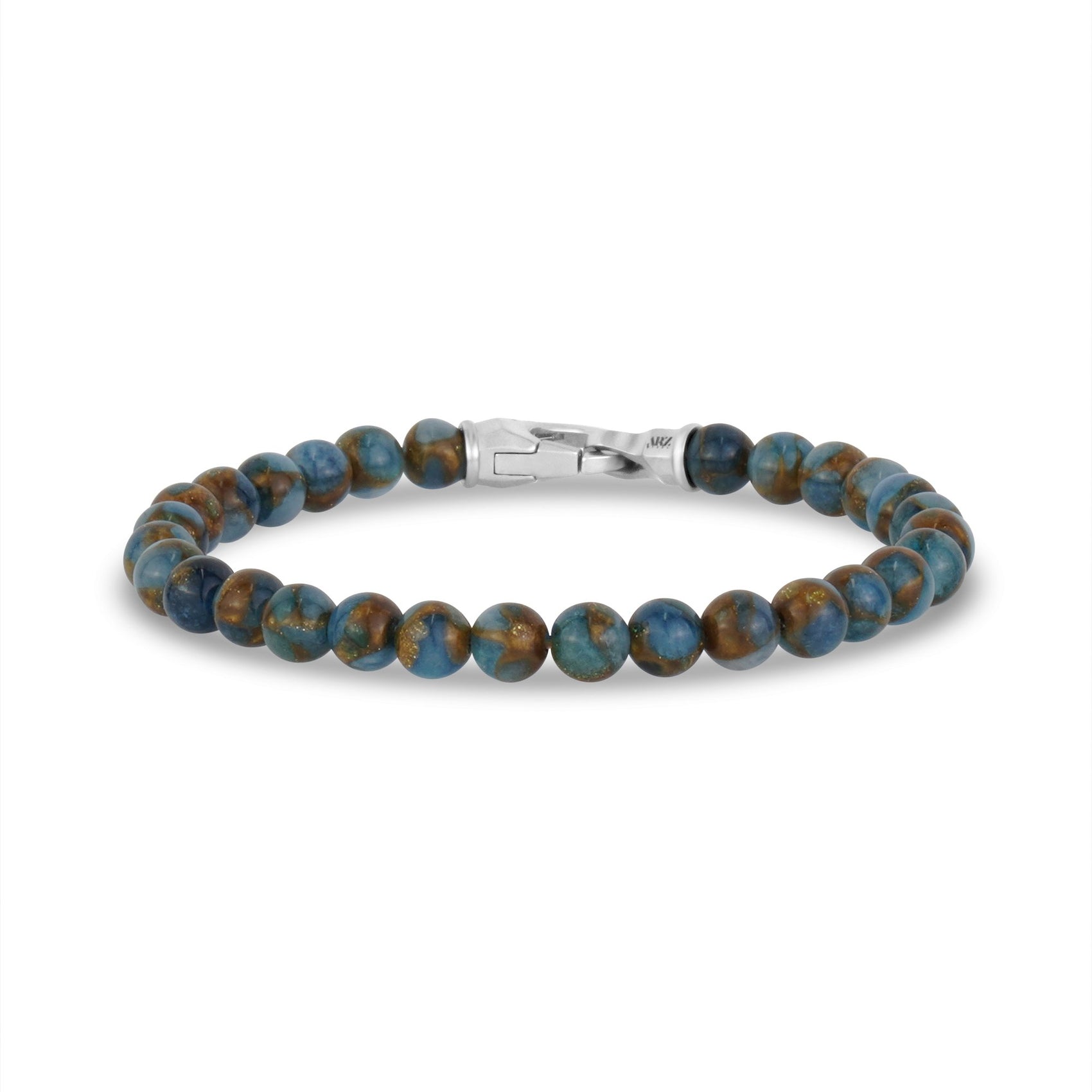 Mens Steel Bead Bracelets - 6mm Matte Steel Clasp Blue Brown Bead Bracelet